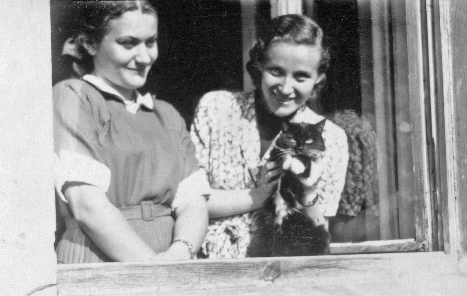 Kot w oknie domu z Ireną Góral i Marią Ćwikła, Kalwaria, 25.10.1953 r.
